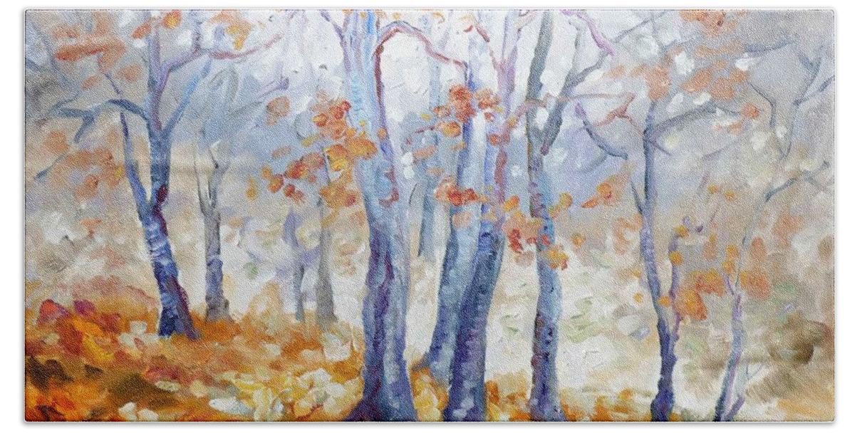 Forest Beach Sheet featuring the painting Autumn mist - morning by Irek Szelag