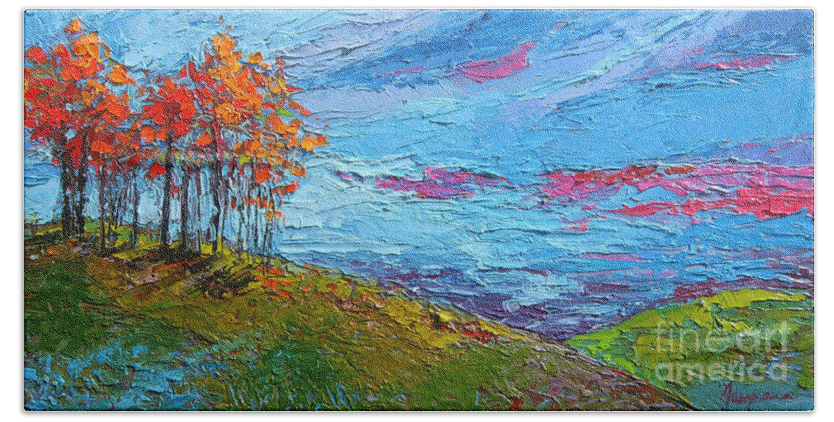 Autumn Colors Beach Towel featuring the painting Autumn Sunset - Modern Impressionist palette knife oil painting by Patricia Awapara