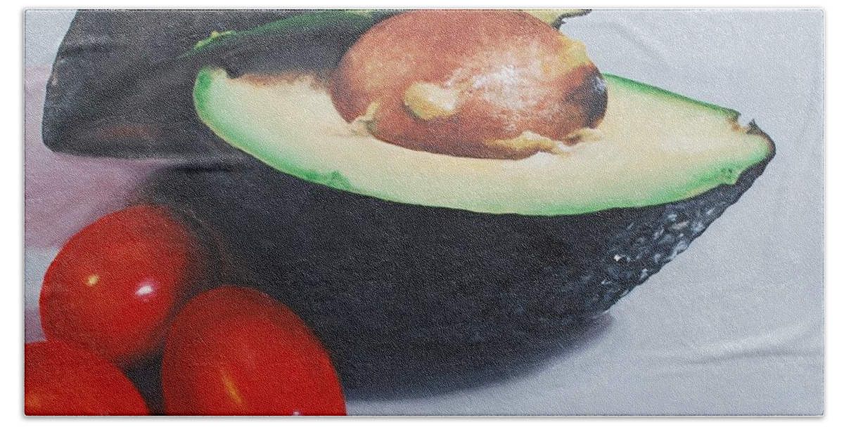 Realism Beach Towel featuring the painting Avocado and Cherry Tomatoes by Emily Page