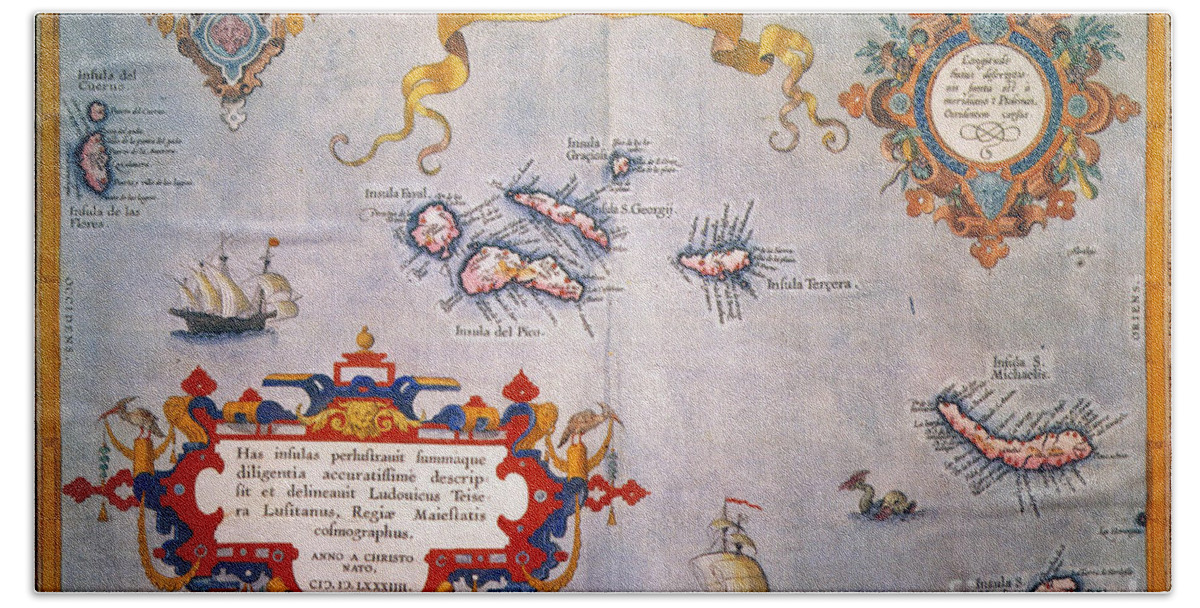 1584 Beach Sheet featuring the photograph AZORES MAP, c1584 by Granger