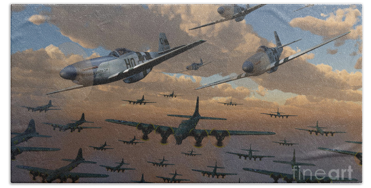 Raid Beach Towel featuring the digital art B-17 Flying Fortress Bombers And P-51 by Mark Stevenson