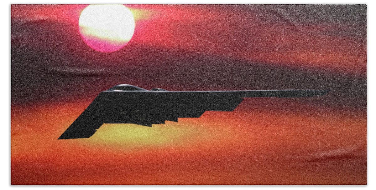 B-2 Stealth Bomber Beach Towel featuring the mixed media B-2 Stealth Bomber in the Sunset by Erik Simonsen