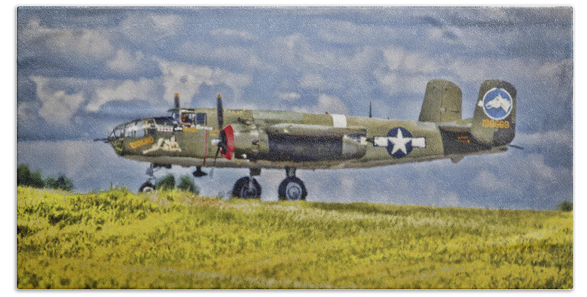 2 Beach Sheet featuring the photograph B-25 Landing Akron/Canton Ohio by Jack R Perry