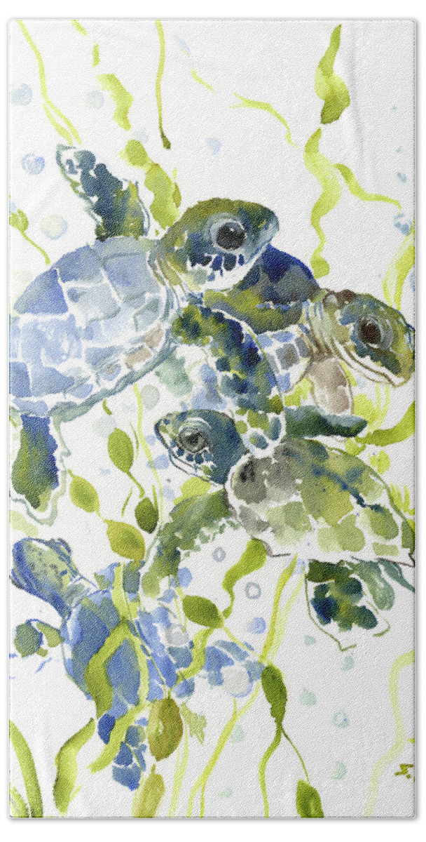 Sea Turtle Art Beach Sheet featuring the painting Baby Sea Turtles in the Sea by Suren Nersisyan