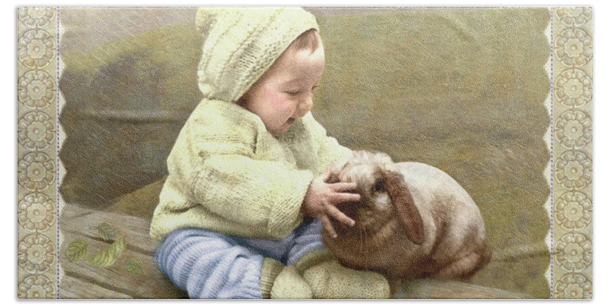  Beach Towel featuring the photograph Baby touches Bunny's Nose by Adele Aron Greenspun