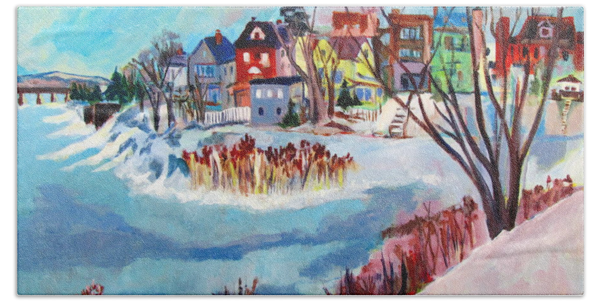 Mohawk River Beach Sheet featuring the painting Backside of Schenectady Stockade in February by Betty Pieper