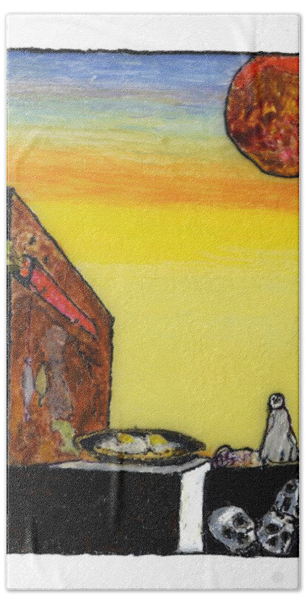 Bacon Beach Towel featuring the painting Bacon Eggs and Penguin by Phil Strang