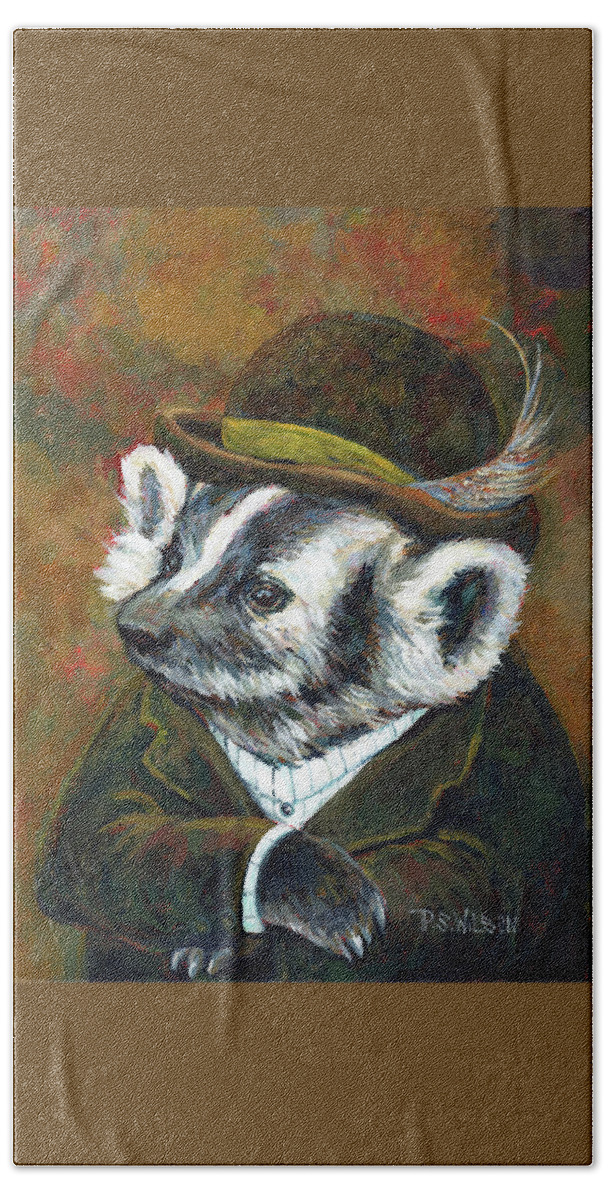 Badger Beach Towel featuring the painting Badger With Bowler by Peggy Wilson