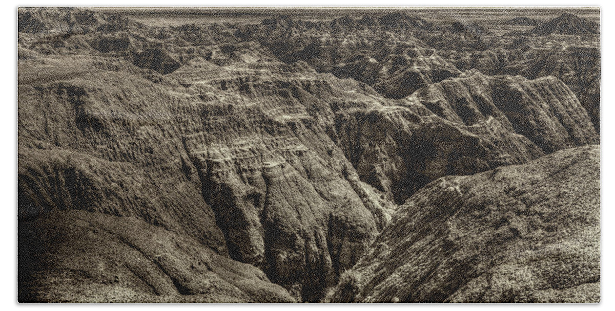 Badlands Beach Towel featuring the photograph Badlands Sepia by Norman Reid