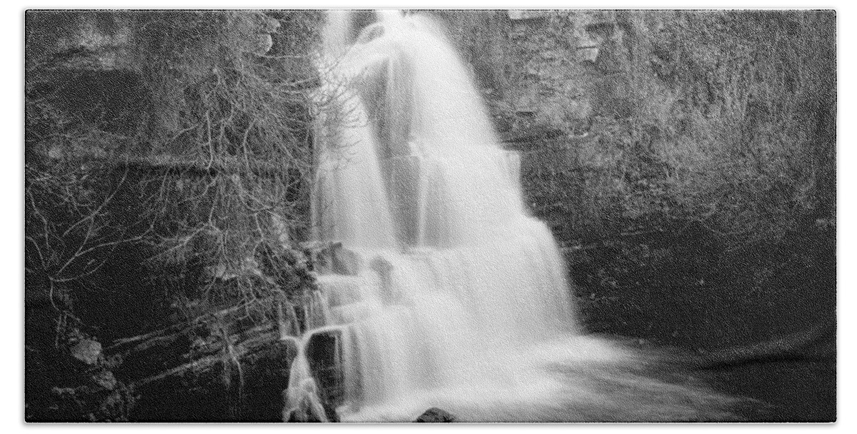 Waterfall Beach Towel featuring the photograph Bajouca Waterfall BW by Marco Oliveira