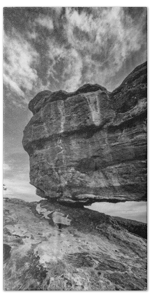 Sky Beach Towel featuring the photograph Balanced Rock Monochrome by Darren White