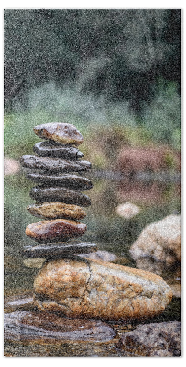 Zen Stones Beach Towel featuring the photograph Balancing Zen Stones In Countryside River I by Marco Oliveira