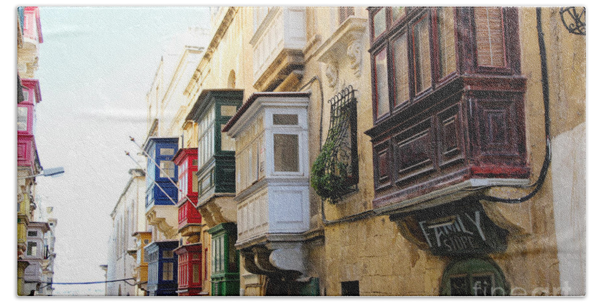 Balconies Beach Towel featuring the photograph Balconies of Valletta 3 by Jasna Buncic