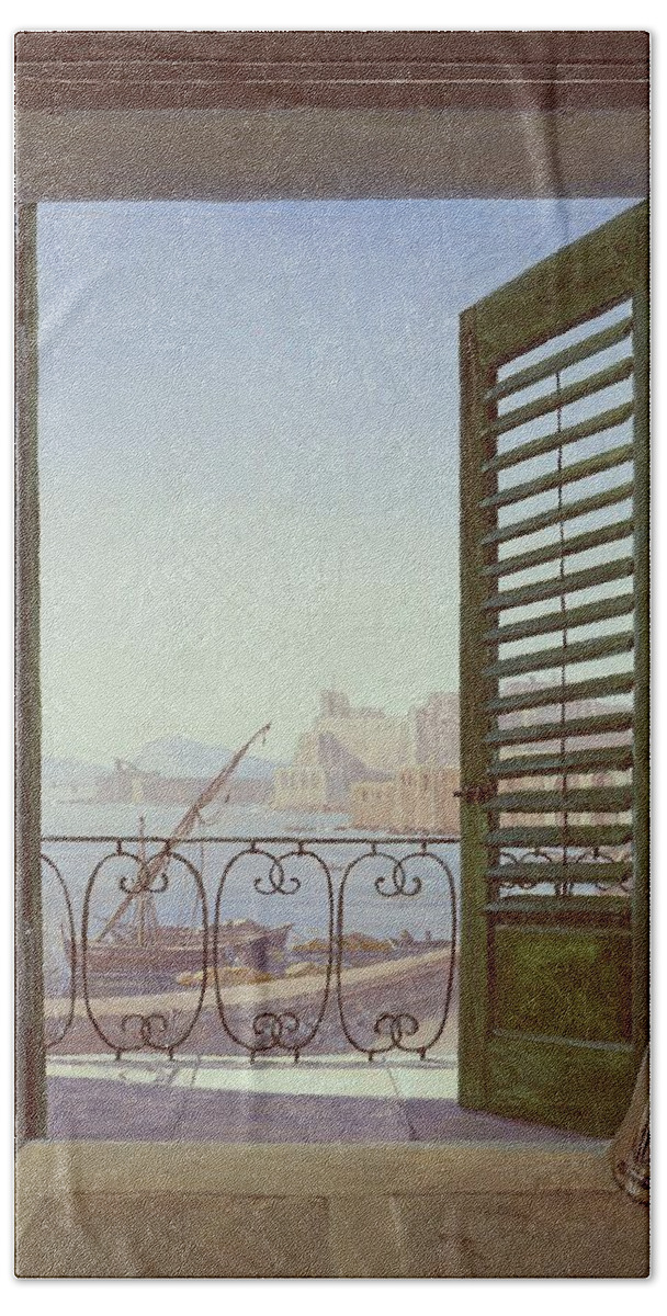 Balcony Room With A View Of The Bay Of Naples  By Carl Gustav Carus Beach Towel featuring the painting Balcony Room with a View of the Bay of Naples by Carl Gustav