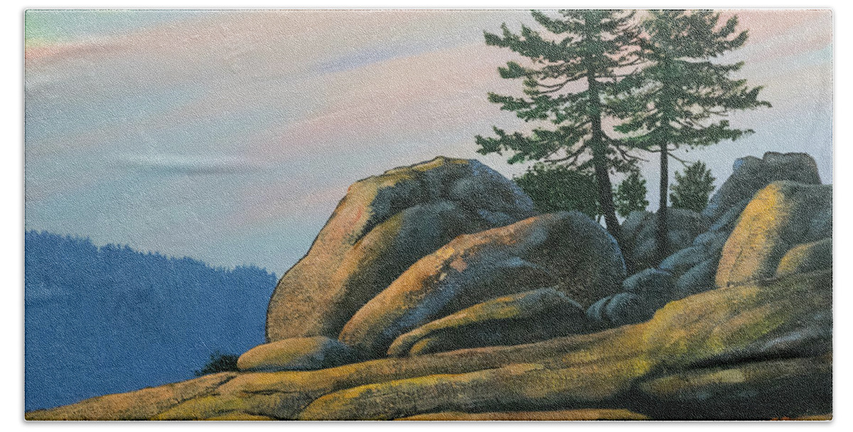 Bald Rock At Sunset Beach Sheet featuring the painting Bald Rock At Sunset by Frank Wilson