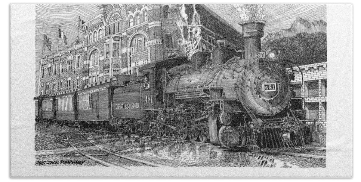 Steam Power Beach Towel featuring the drawing Baldwin 481  2 8 2  Narrow Gauge Steam Locomotive by Jack Pumphrey
