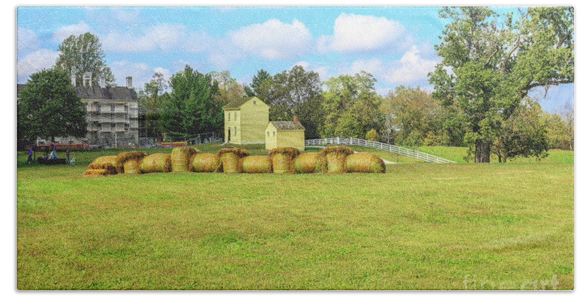 Historic Structure Beach Towel featuring the photograph Baled Hay In A Grassy Field by Richard J Thompson