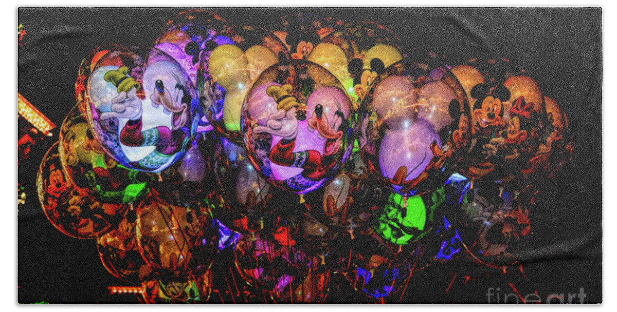 Balloons; Night; Dark; Disney; Disneyland; Light; Colorful; Joe Lach Beach Towel featuring the photograph Balloons of Disney by Joe Lach