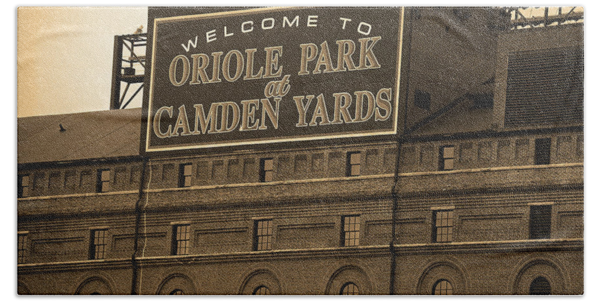 America Beach Towel featuring the photograph Baltimore Orioles Park at Camden Yards Sepia by Frank Romeo