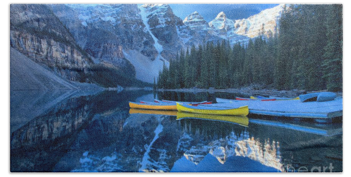 Moraine Lake Beach Towel featuring the photograph Banff Moraine Lake Reflections by Adam Jewell