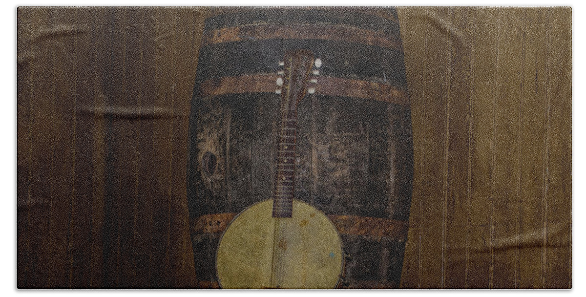 Banjo Beach Towel featuring the photograph Banjo Mandolin and an old Beer Keg by Bill Cannon