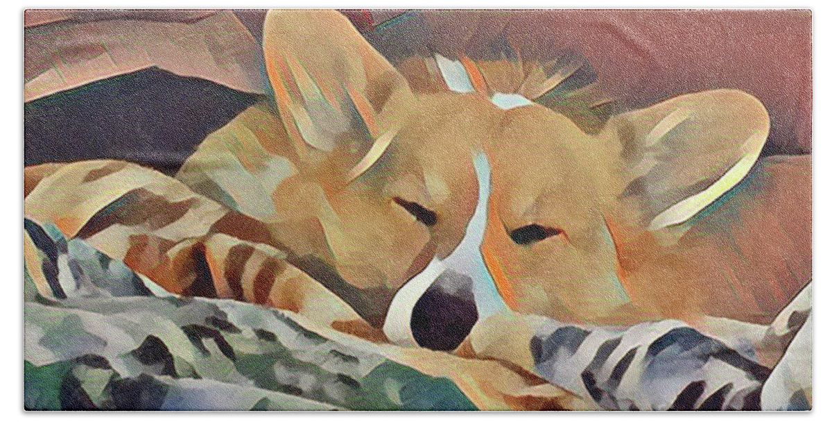 Welsh Corgi Beach Towel featuring the mixed media Banjo Sleeping by Kathy Kelly