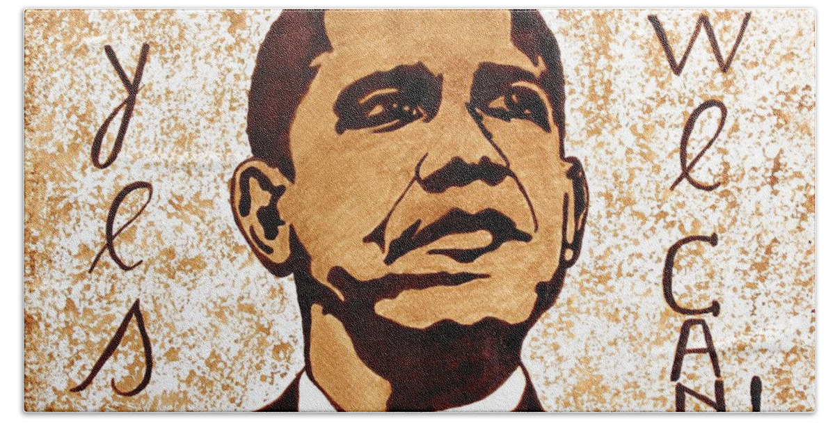 Barack Obama Original Coffee Art Beach Towel featuring the painting Barack Obama Words of Wisdom coffee painting by Georgeta Blanaru
