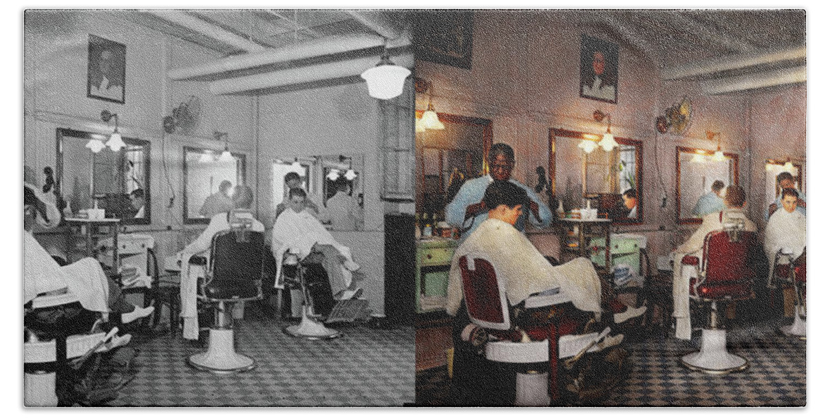 Barber Art Beach Sheet featuring the photograph Barber - Senators-only barbershop 1937 - Side by Side by Mike Savad