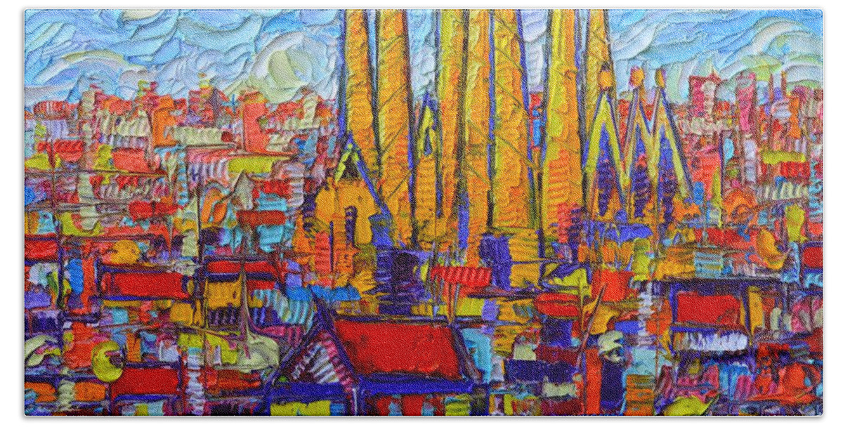 Barcelona Beach Towel featuring the painting Barcelona Abstract Cityscape Sagrada Familia Modern Palette Knife Oil Painting By Ana Maria Edulescu by Ana Maria Edulescu