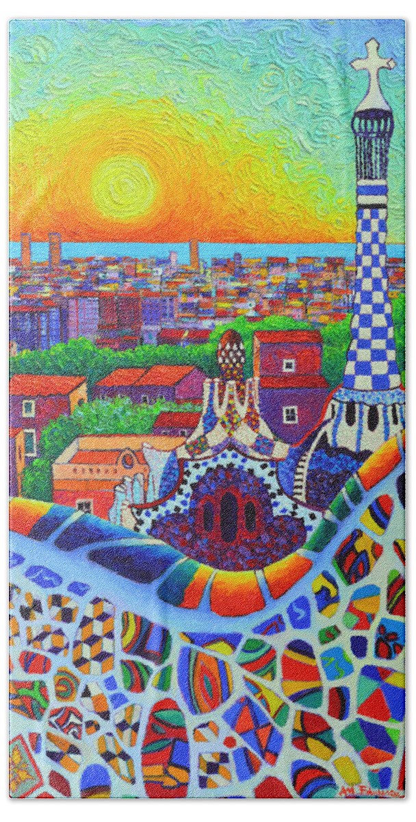 Barcelona Beach Towel featuring the painting Barcelona Park Guell Sunrise Gaudi Tower Textural Impasto Knife Oil Painting By Ana Maria Edulescu by Ana Maria Edulescu