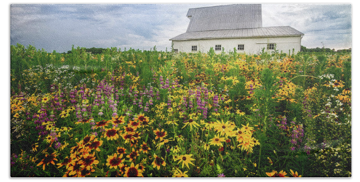 Gloriosa Daisy Beach Towel featuring the photograph Barn and Wildflowers by Ron Pate