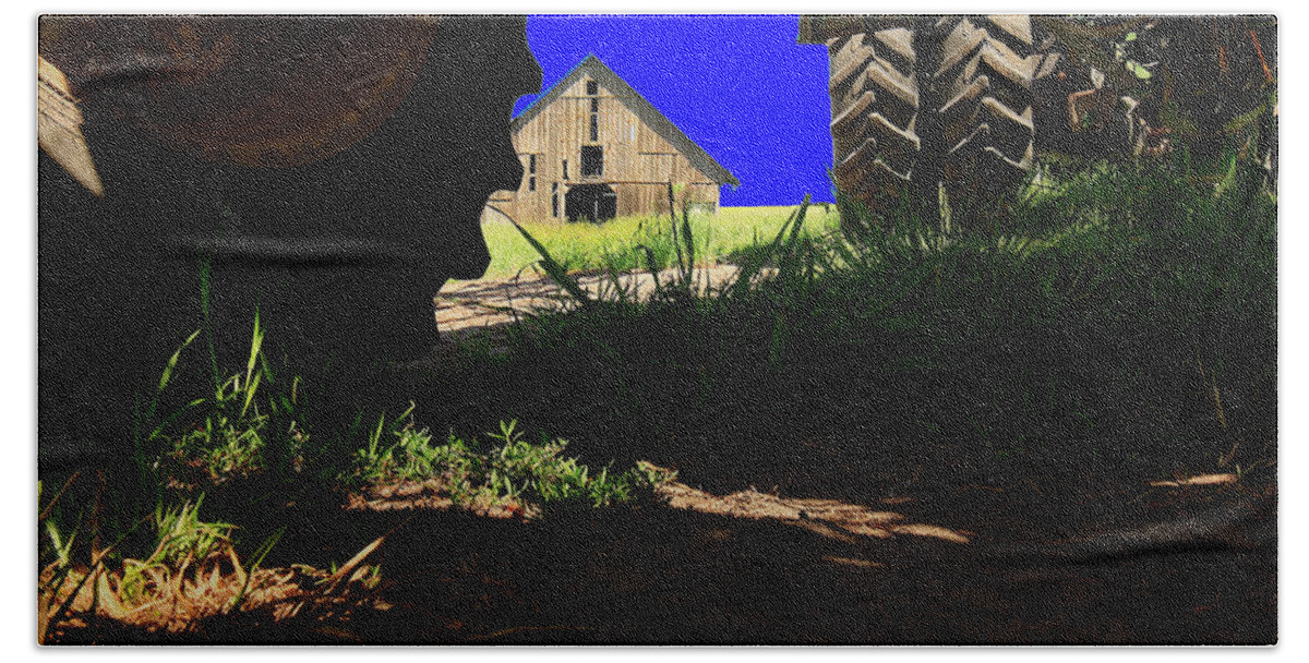 Farm Beach Towel featuring the photograph Barn from Under the Equipment by Bob Cournoyer