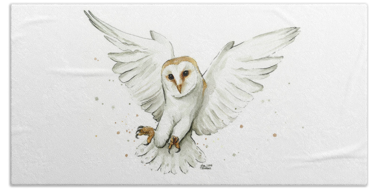 Owl Beach Towel featuring the painting Barn Owl Flying Watercolor by Olga Shvartsur
