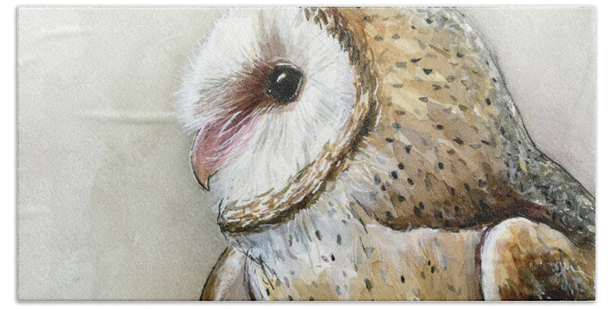 Owl Beach Towel featuring the painting Barn Owl Watercolor by Olga Shvartsur