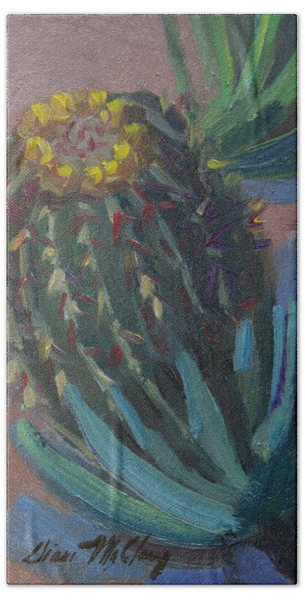 Arizona Beach Towel featuring the painting Barrel Cactus in Bloom #1 by Diane McClary