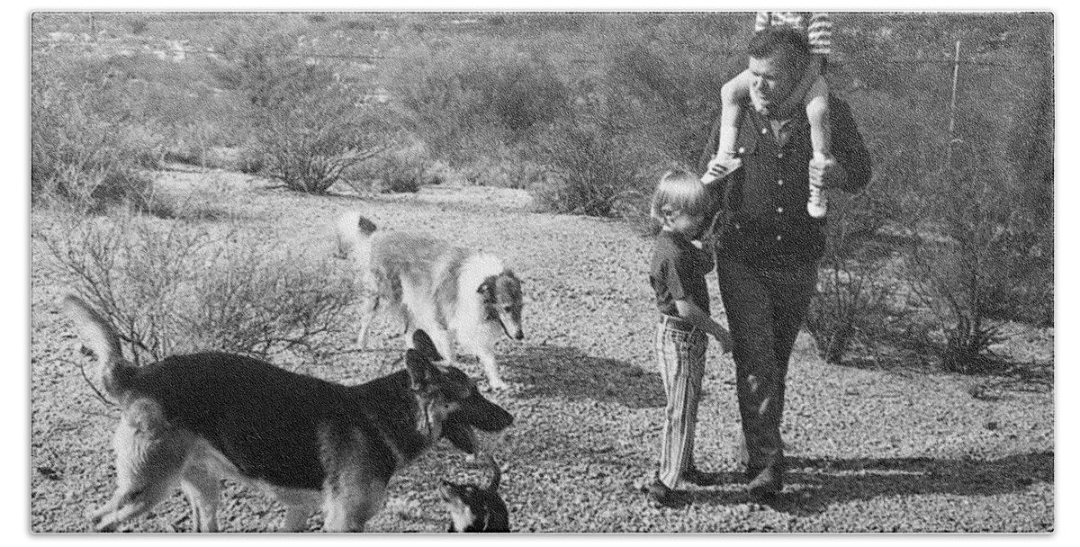 Barry Sadler With Sons Baron And Thor Taking A Stroll 2 Tucson Arizona 1971 Beach Towel featuring the photograph Barry Sadler with sons Baron and Thor taking a stroll 2 Tucson Arizona 1971 by David Lee Guss