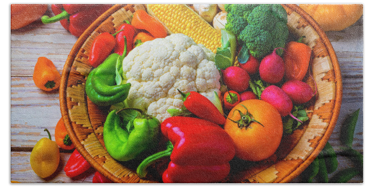 Vegetable Beach Towel featuring the photograph Basket Full Of Farm Fresh Vegetables by Garry Gay