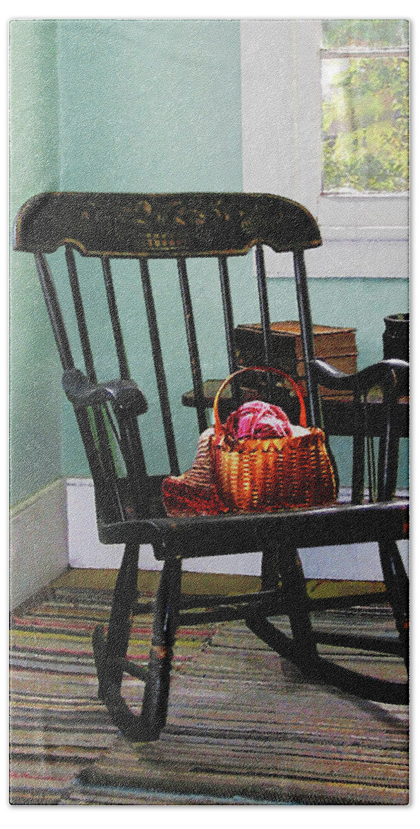 Rocking Chair Beach Towel featuring the photograph Basket of Yarn on Rocking Chair by Susan Savad
