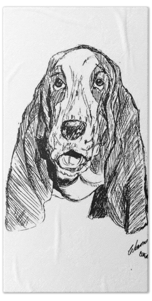 An Adult Beach Towel featuring the drawing Basset Smiling by Charme Curtin