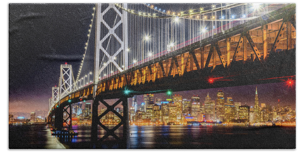 Bay Area Beach Towel featuring the photograph Bay Bridge and San Francisco By Night 10 by Jason Chu
