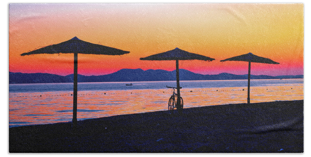 Zadar Beach Towel featuring the photograph Beach and parasols on colorful sunset view by Brch Photography