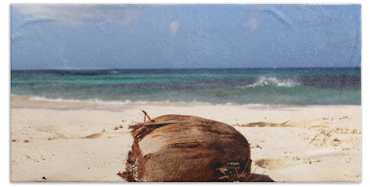 Anguilla Beach Towel featuring the photograph Beach Coconut in Anguilla on Shoal Beach in Shoal Bay by Toby McGuire