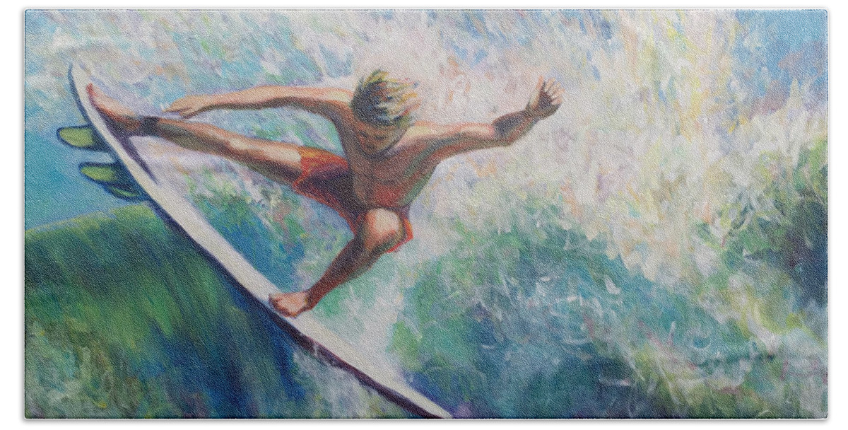 Surfer Beach Towel featuring the painting Beach Comber series, Surfer 1 by Gretchen Ten Eyck Hunt