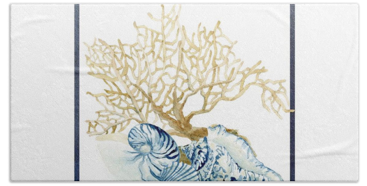 Sea Beach Towel featuring the painting Beach House Nautilus Scallop n Conch with Tan Fan Coral by Audrey Jeanne Roberts
