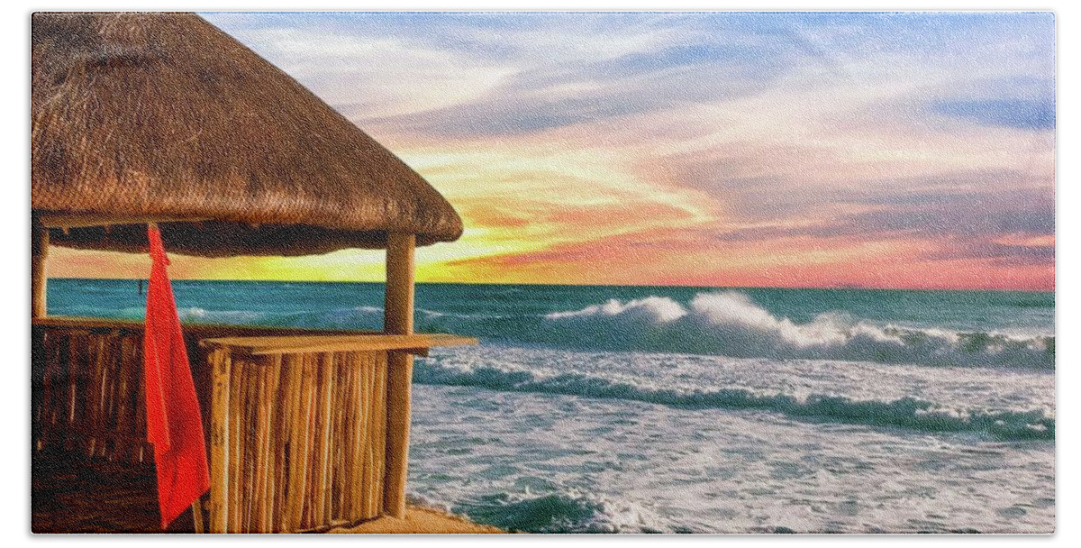 Bamboo Beach Towel featuring the photograph Beach Hut and Stormy Sea by Darryl Brooks