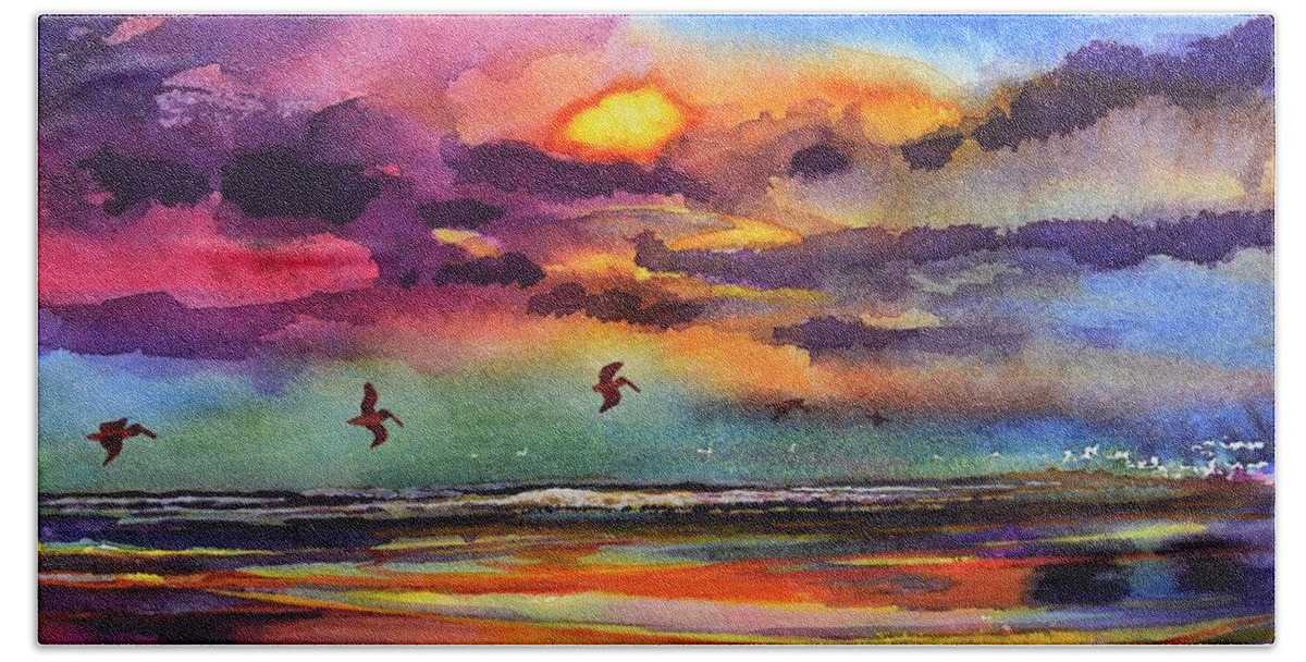 Abstract Beach Sheet featuring the painting Beach sunrise with Pelicans 7-10-17 by Julianne Felton