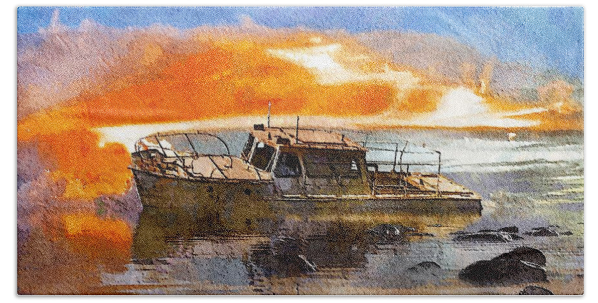 beached Wreck Beach Towel featuring the painting Beached Wreck by Mark Taylor