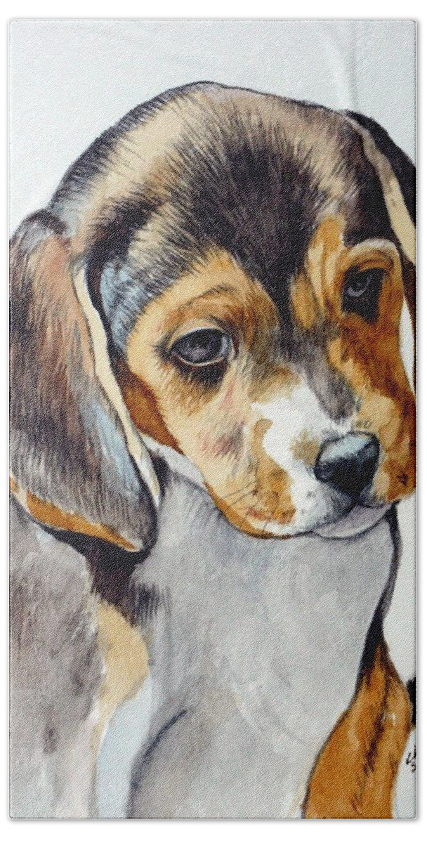 Beagle Beach Towel featuring the painting Beagle puppy by Christopher Shellhammer