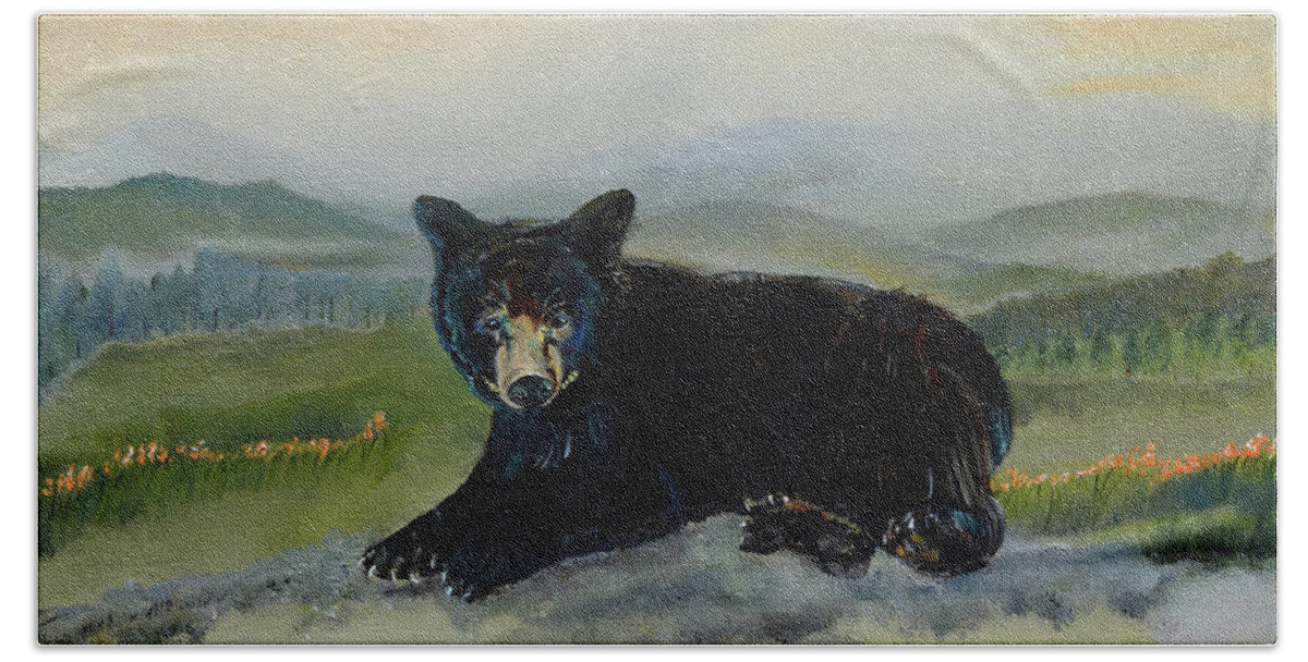 Bear Beach Sheet featuring the painting Bear Alone on Blue Ridge Mountain by Jan Dappen