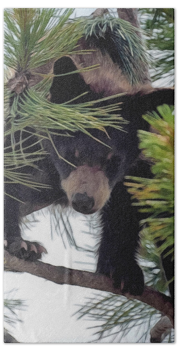 Bears Beach Towel featuring the digital art Bear Cub Playing in a Tree 2 by Ernest Echols